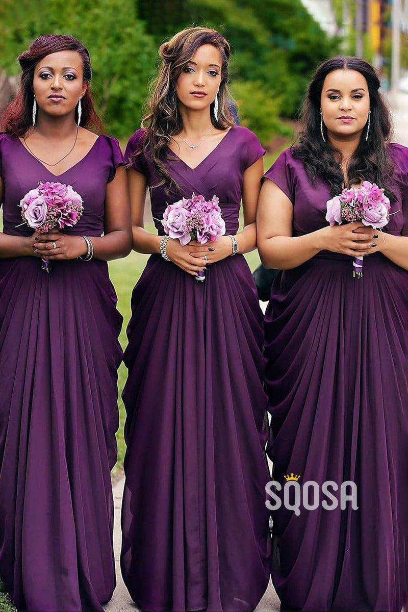 A-line V-Neck Short Sleeves Chiffon Purple Long Bridesmaid Dress QB3026 US4 / Custom Color A-line V-Neck Short Sleeves Chiffon Purple Long Bridesmaid Dress QB3026 US4 / Custom Color