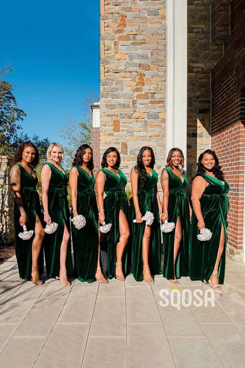Sexy V-Neck Green Velvet Plus Long Bridesmaid Dress QB3029 US6 / Custom Color Sexy V-Neck Green Velvet Plus Long Bridesmaid Dress QB3029 US6 / Custom Color