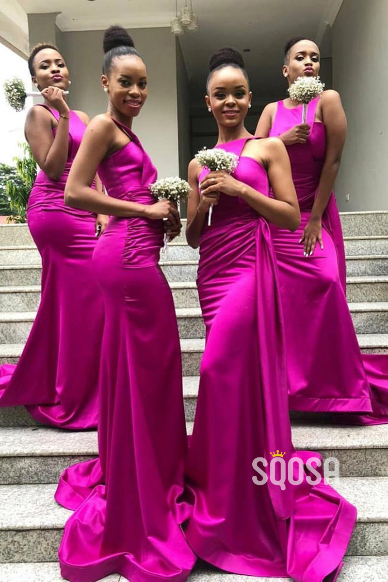 Unique Bateau Fuchsia Satin Long Black Bridesmaid Dress QB3031 US16 / As Picture Unique Bateau Fuchsia Satin Long Black Bridesmaid Dress QB3031 US16 / As Picture
