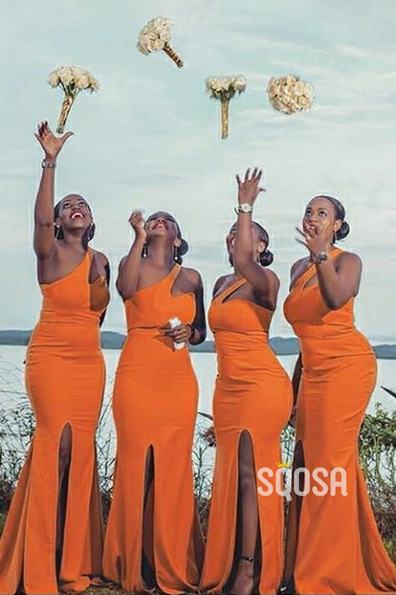 One Shoulder Orange Long Black Bridesmaid Dress with Slit QB3032 – SQOSA