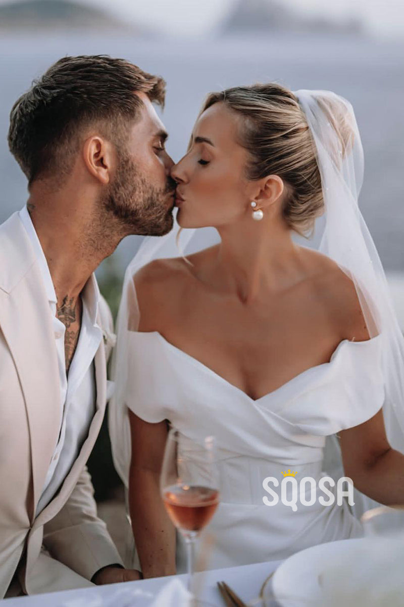 Sheath/Column Off the Shoulder Pleats High Split Bohemian Wedding Dress QW2545