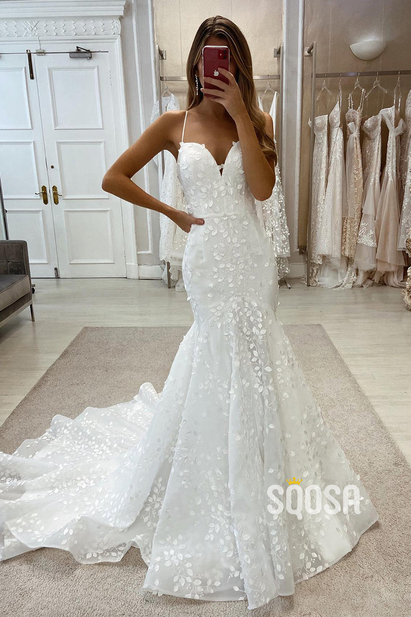 Allover Lace Wedding Dress Spaghetti Straps Mermaid Bridal Gown QW2562 US10 / As Picture Allover Lace Wedding Dress Spaghetti Straps Mermaid Bridal Gown QW2562 US10 / As Picture