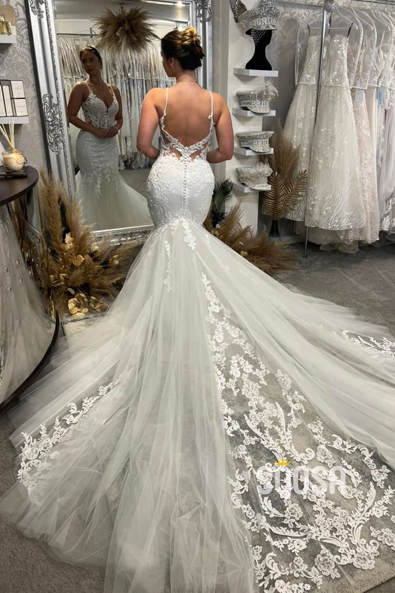 Attractive V-Neck Lace Appliques Mermaid Wedding Dress QW2568