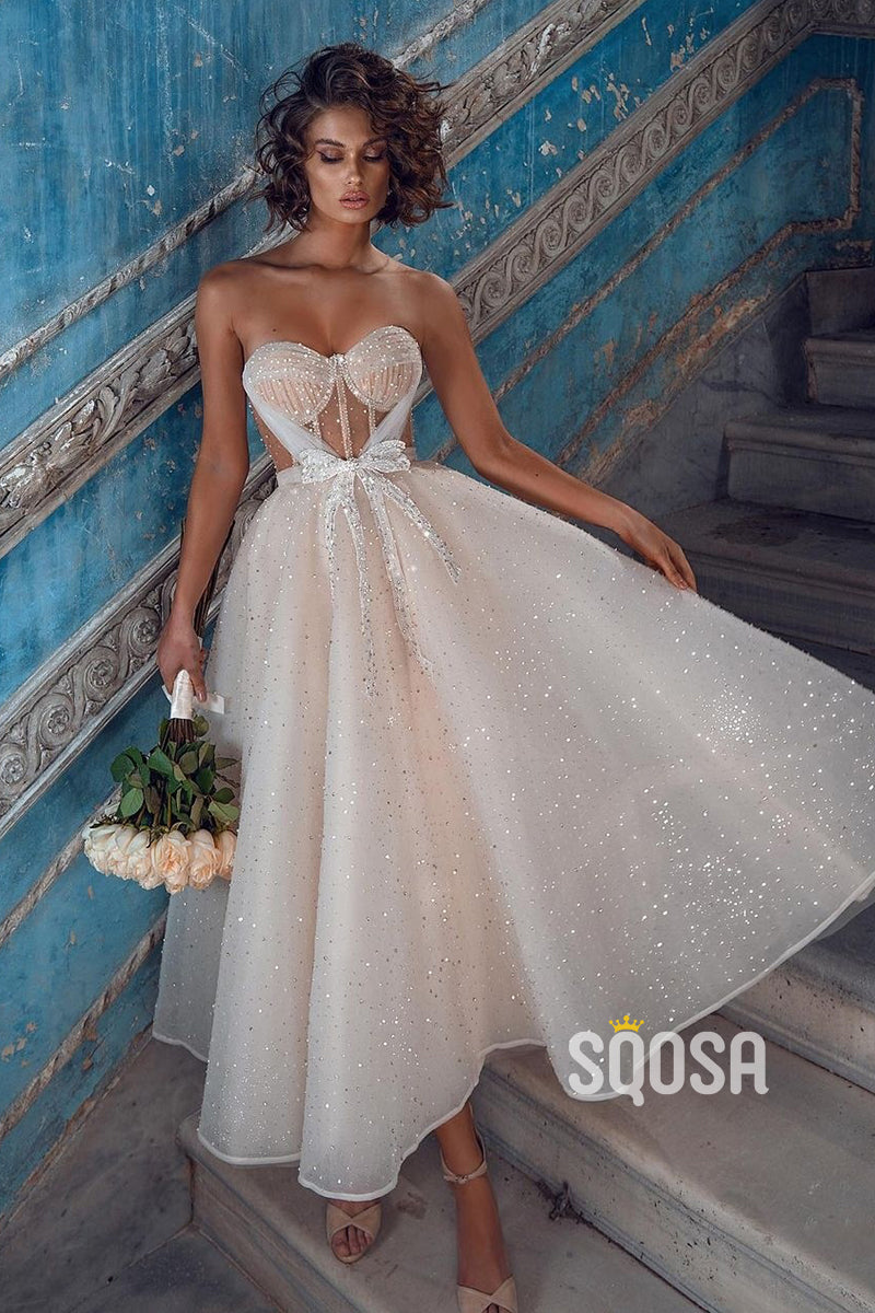 A-line Sweetheart Sparkly Bohemain Wedding Dress Tea Length QW2577 US14 / White A-line Sweetheart Sparkly Bohemain Wedding Dress Tea Length QW2577 US14 / White