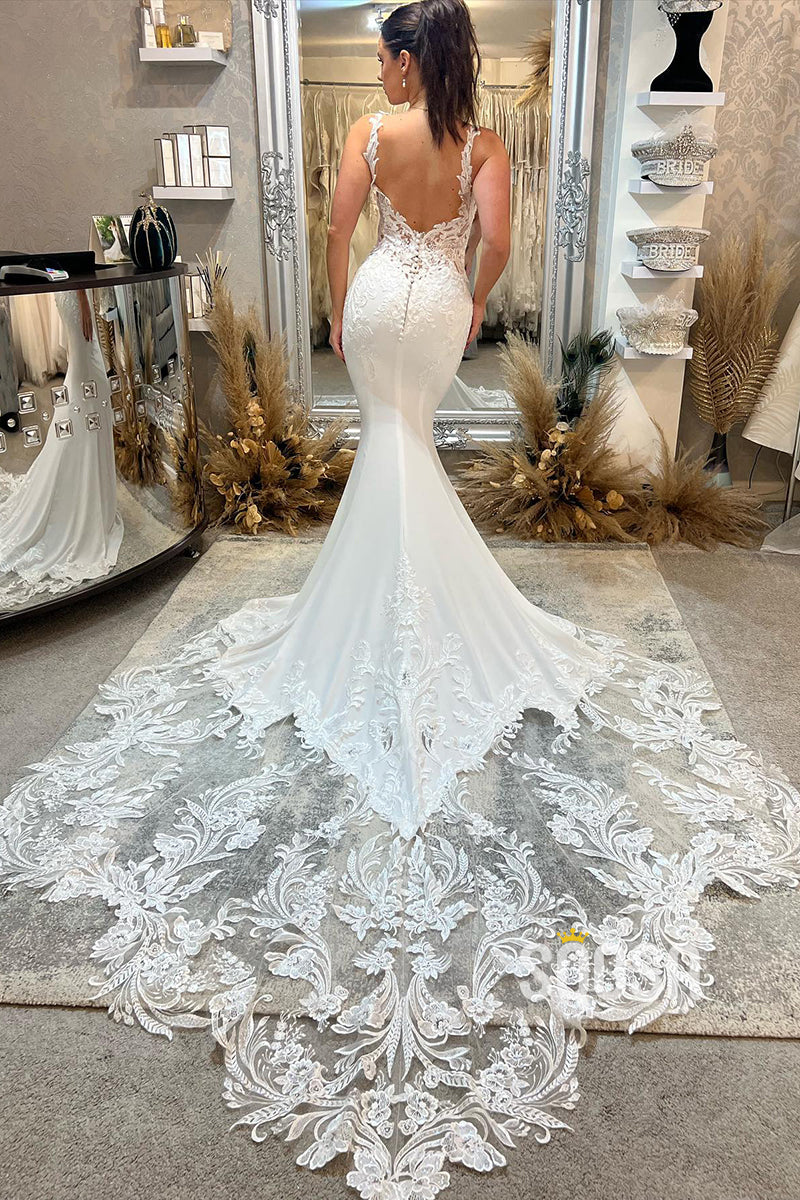 Attractive V-Neck Lace Appliques Mermaid Wedding Dress Bridal Gown QW2620 Custom Size / Ivory Attractive V-Neck Lace Appliques Mermaid Wedding Dress Bridal Gown QW2620 Custom Size / Ivory