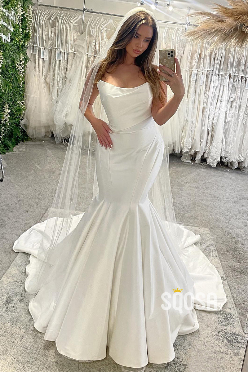 Strapless Ivory Satin Pleats Mermaid Wedding Dress QW2628 US6 / Custom Color Strapless Ivory Satin Pleats Mermaid Wedding Dress QW2628 US6 / Custom Color