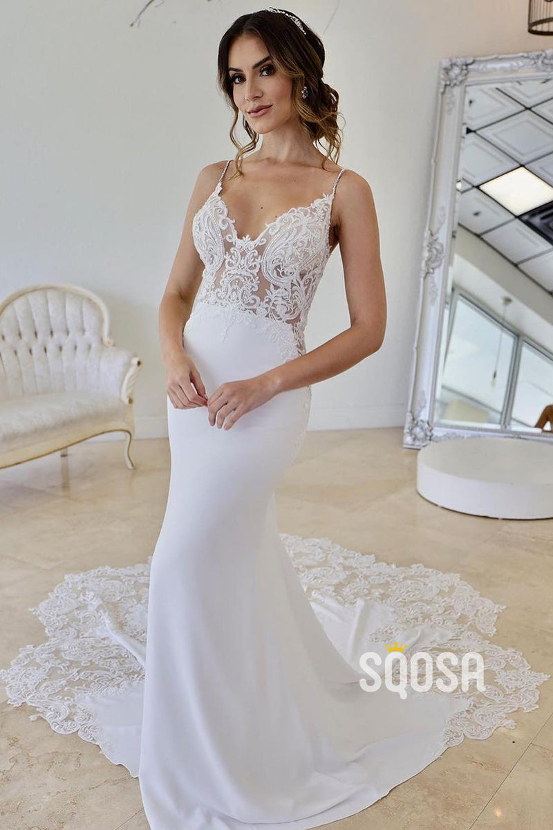 Spaghetti Straps V-Neck Lace Appliques Bohemian Wedding Dress QW2630 US12 / Ivory Spaghetti Straps V-Neck Lace Appliques Bohemian Wedding Dress QW2630 US12 / Ivory