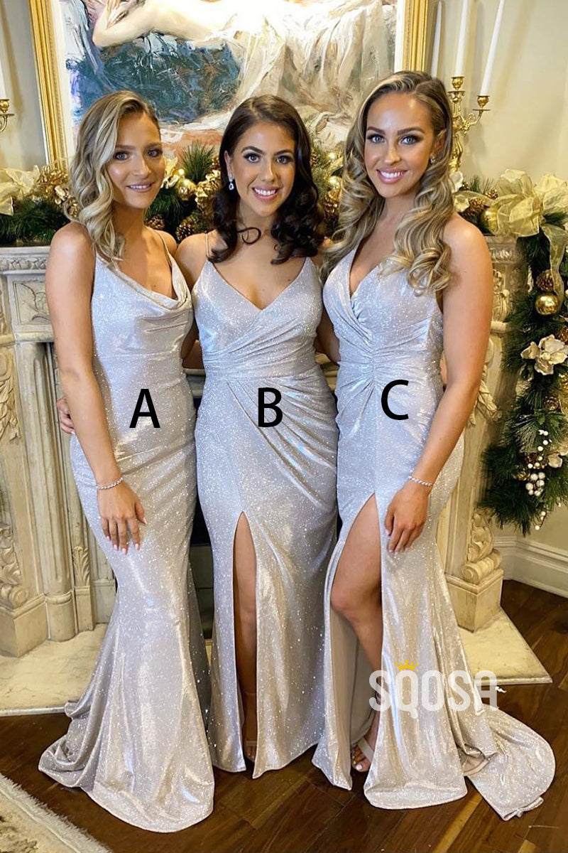 Plunging V-neck Silver Sparkly Bridesmaid Dress QB2104 SQOSA Plunging V-neck Silver Sparkly Bridesmaid Dress QB2104 SQOSA