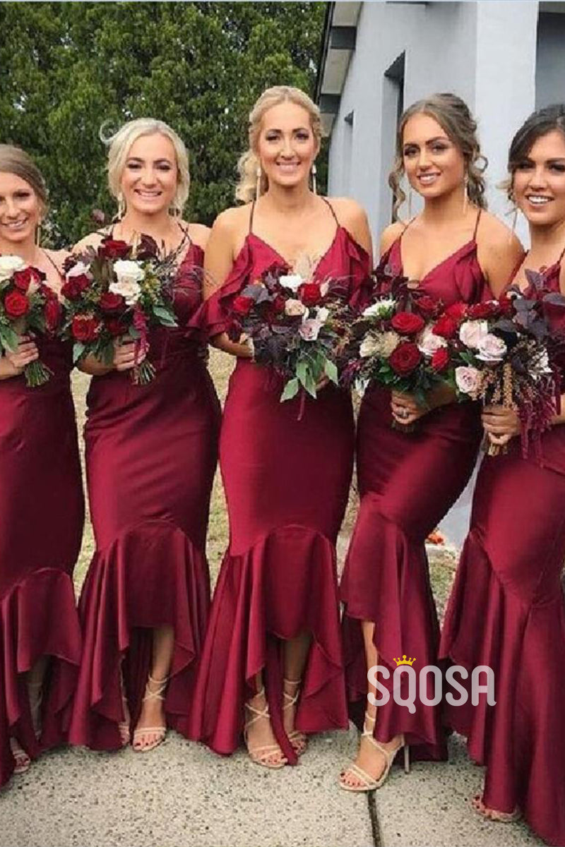 Spaghetti Straps High Low Mermaid Burgundy Bridesmaid Dress QB2109 SQOSA Spaghetti Straps High Low Mermaid Burgundy Bridesmaid Dress QB2109 SQOSA