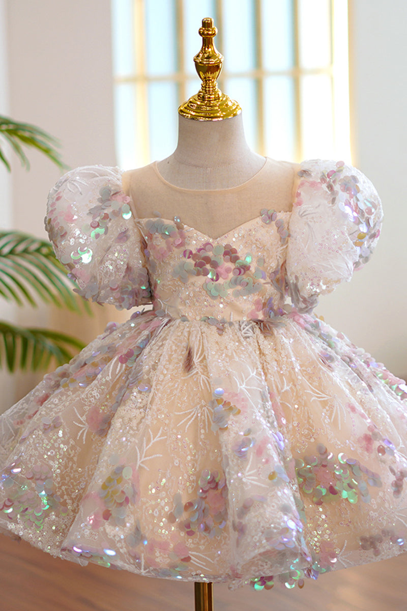 Illusion Neckline Short Sleeves Cute Flower Girl Dress Sparkly First Communion Dress QF1037 US2 / As Pic Illusion Neckline Short Sleeves Cute Flower Girl Dress Sparkly First Communion Dress QF1037 US2 / As Pic