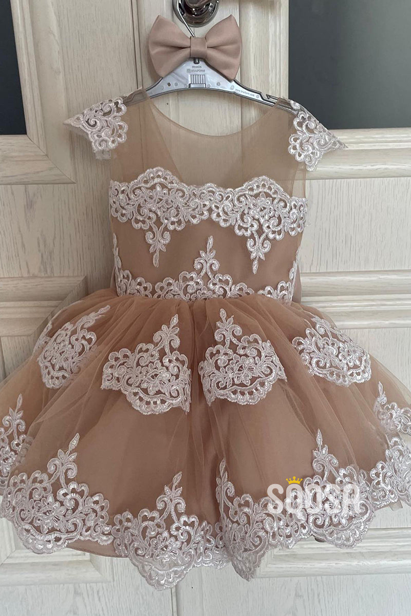 A-Line Scoop Lace Appliques Champagne Flower Girl Dress First Commuinon Dress QF1023 US16 / Custom Color A-Line Scoop Lace Appliques Champagne Flower Girl Dress First Commuinon Dress QF1023 US16 / Custom Color