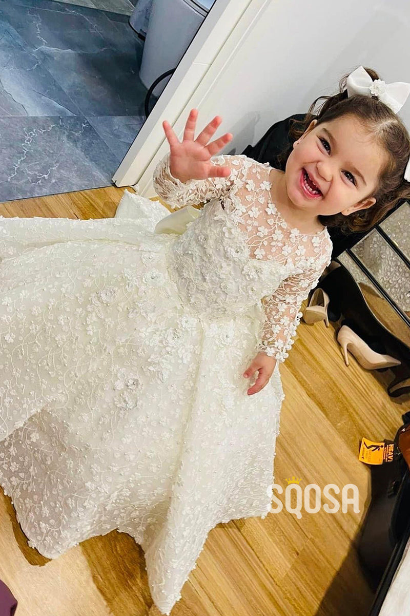 Ball Gown Scoop Long Sleeves Lace Flower Girl Dress Cute First Communi SQOSA Ball Gown Scoop Long Sleeves Lace Flower Girl Dress Cute First Communi SQOSA