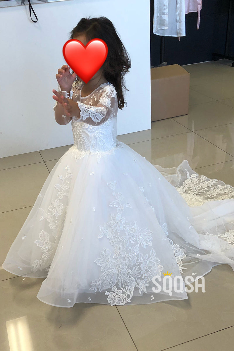 A-line Scoop Lace Appliques Long Sleeves Cute Flower Girl Dress First Communion Dress QF1028 US16 / Custom Color A-line Scoop Lace Appliques Long Sleeves Cute Flower Girl Dress First Communion Dress QF1028 US16 / Custom Color