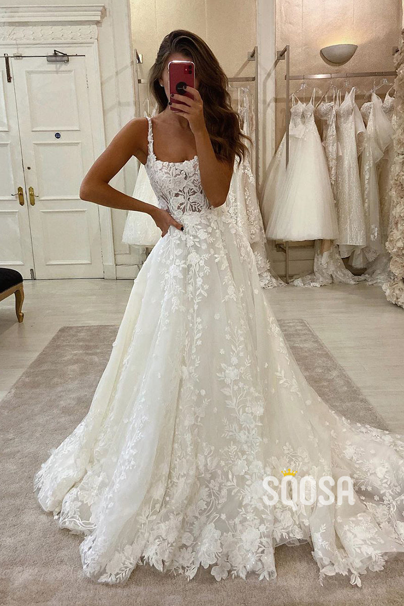 Unique Square Neckline Ivory Lace Wedding Dress Bridal Gown QW2589 US6 / As Picture Unique Square Neckline Ivory Lace Wedding Dress Bridal Gown QW2589 US6 / As Picture