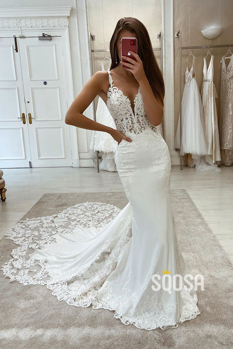 Attractive V-neck Ivory Lace Wedding Dress Mermaid Gown with Court Train QW2591 US14 / White Attractive V-neck Ivory Lace Wedding Dress Mermaid Gown with Court Train QW2591 US14 / White
