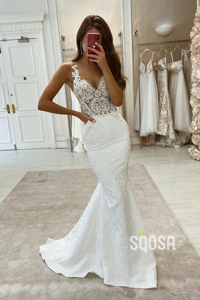 Plunging V-neck Exquisite Lace Wedding Dress Mermaid Gown QW2596