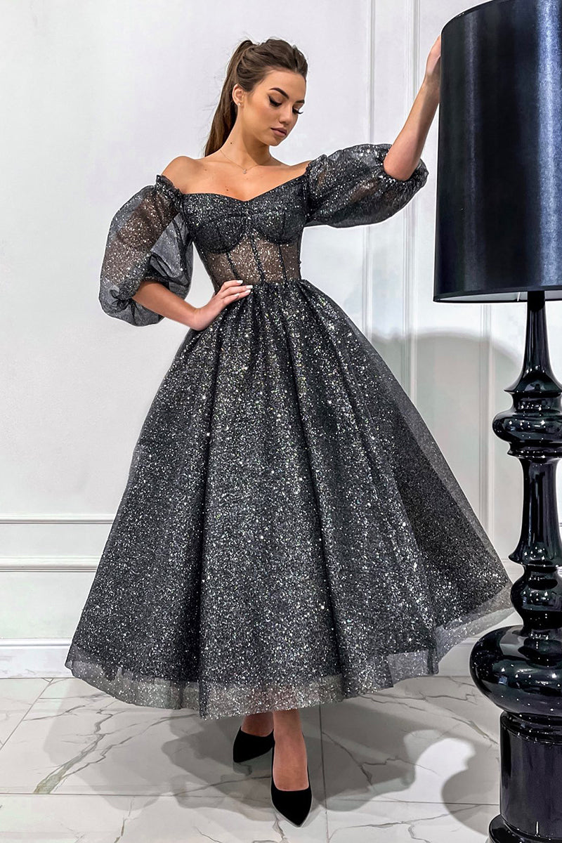 Off the Shoulder Half Sleeves Black Sparkly Prom Pageant Dress QP0837 US12 / Custom Color Off the Shoulder Half Sleeves Black Sparkly Prom Pageant Dress QP0837 US12 / Custom Color