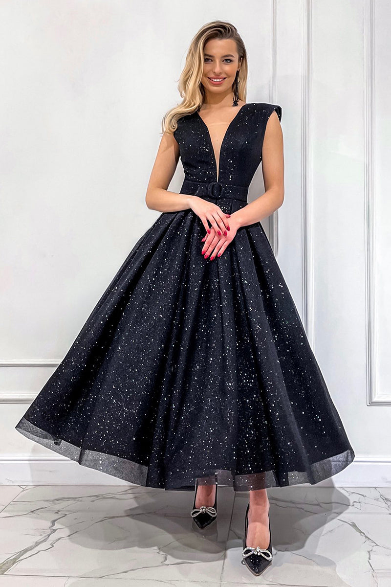 black classic prom dress BABARONI Black Prom Dress with Off the Shoulder Tiered Skirt and Slit
