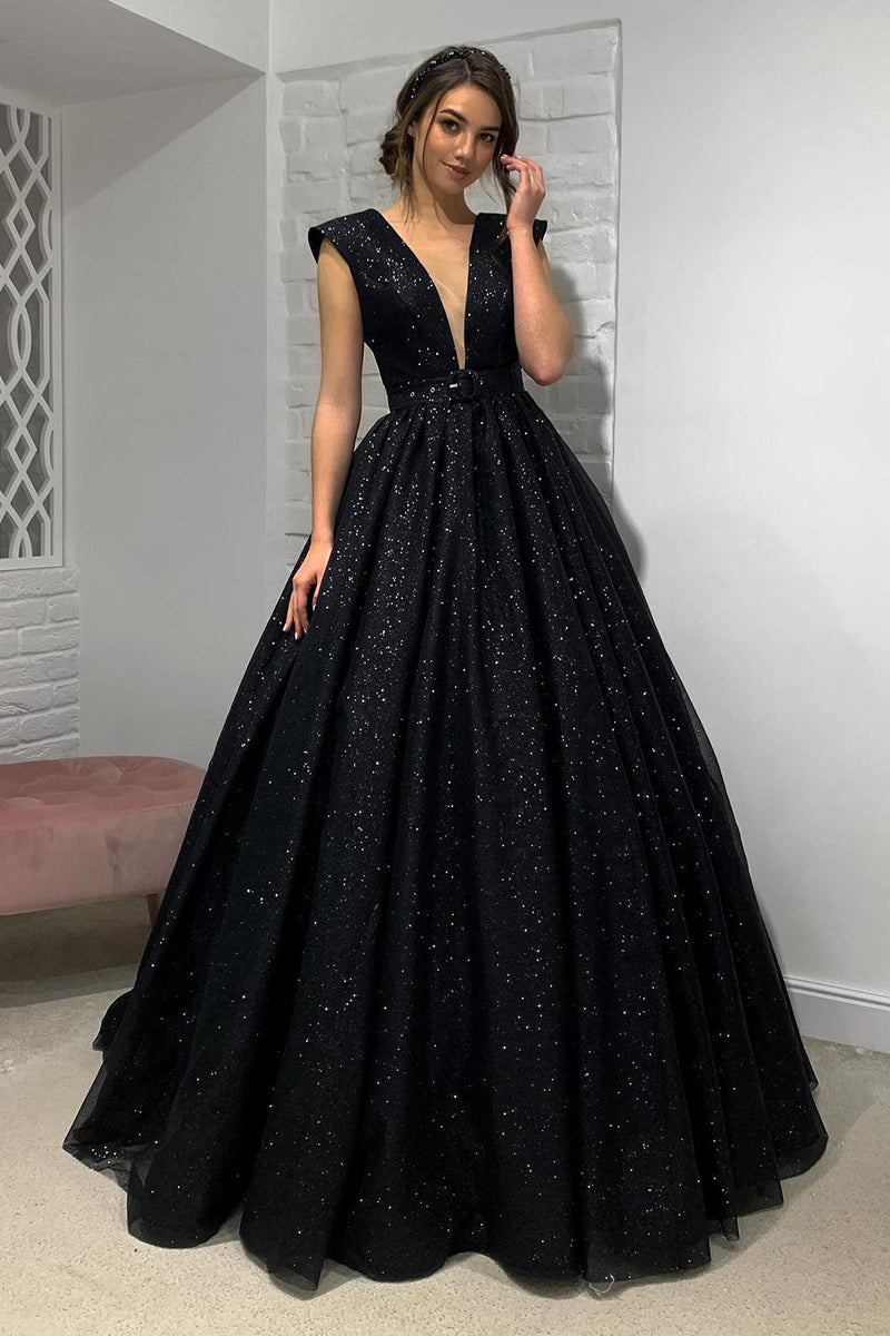 Plunging V-Neck Black Sparkly Prom Dress QP0839 Custom Size / As Picture Plunging V-Neck Black Sparkly Prom Dress QP0839 Custom Size / As Picture