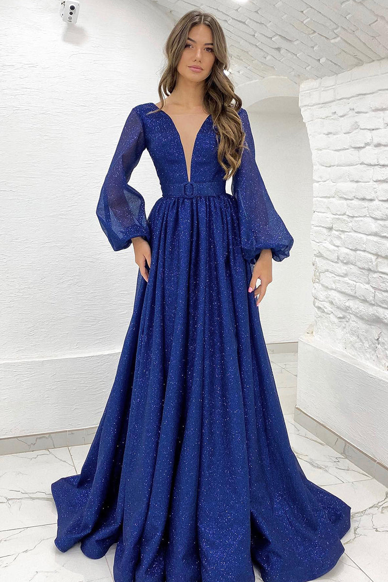 Plunging V-Neck Long Sleeves A-line Sparkly Prom Dress QP0850 SQOSA Plunging V-Neck Long Sleeves A-line Sparkly Prom Dress QP0850 SQOSA