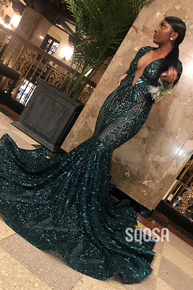 Dark Green Lace Mermaid Prom Dress,long Sleeves Prom Dress,emerald