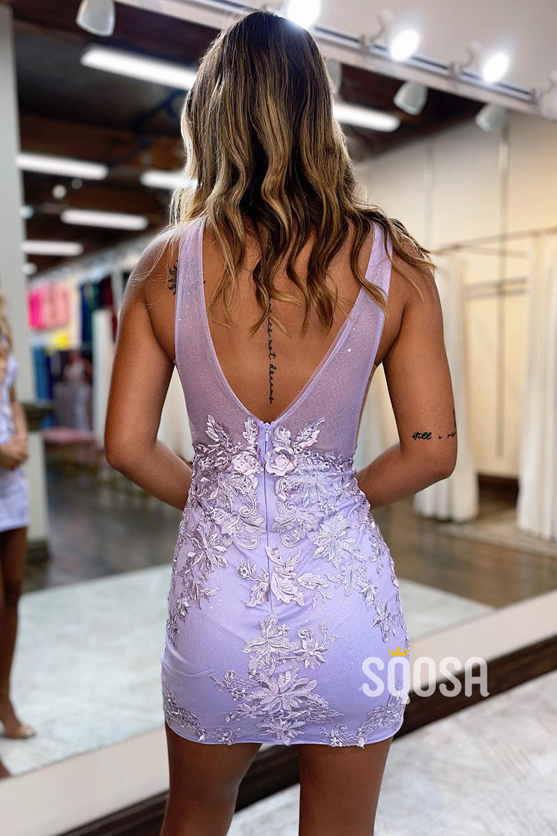 Plunging V-Neck Lace Appliques Short Homecoming Dress Tight QS2298