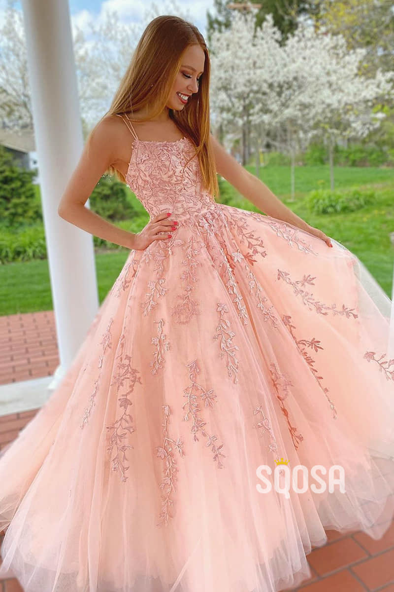 A-line Scoop Tulle Appliques Long Prom Dress QP2553