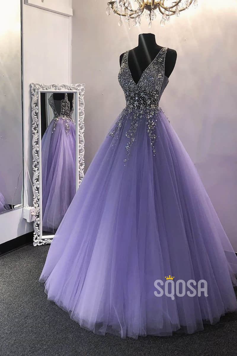 A-line Purple Tulle Beaded Long Prom Dress Formal Evening Gowns QP2272 US6 / As Picture A-line Purple Tulle Beaded Long Prom Dress Formal Evening Gowns QP2272 US6 / As Picture