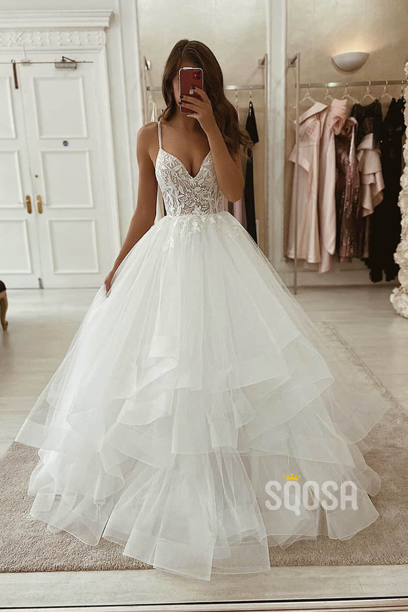 Lace Wedding Dress Spaghetti Straps Glitter Tulle Bridal Gown