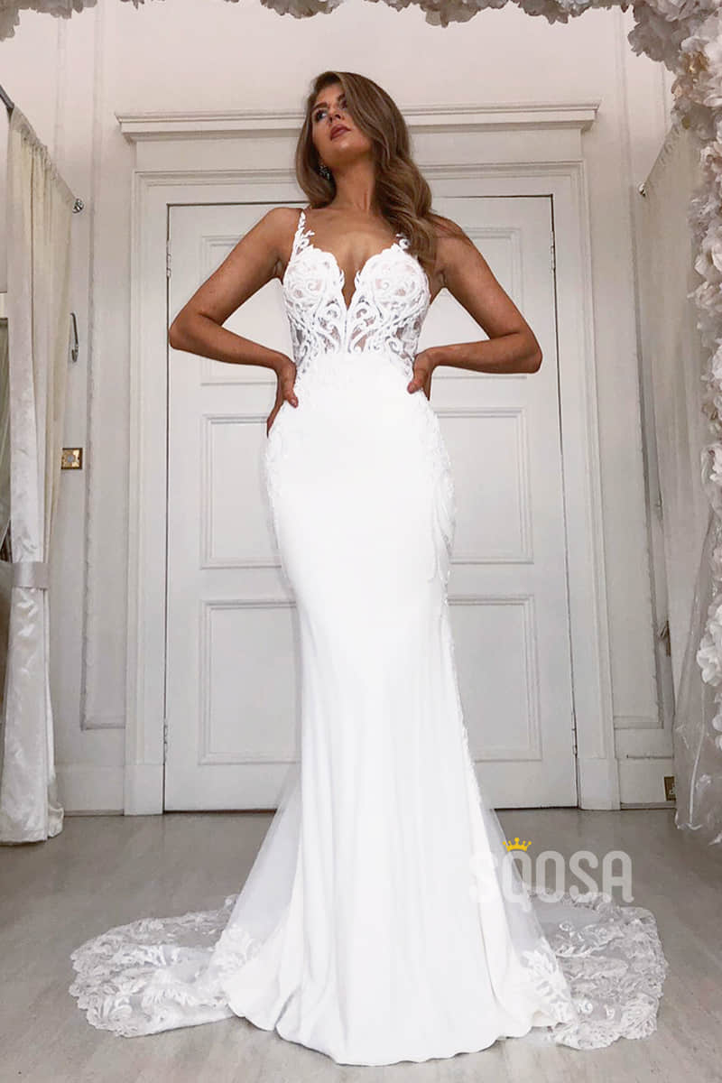 Sheath/Column Wedding Dress Chic Lace Appliques Bohemian Wedding Gowns QW2109 US14 / Ivory Sheath/Column Wedding Dress Chic Lace Appliques Bohemian Wedding Gowns QW2109 US14 / Ivory