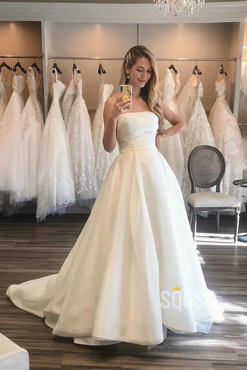 A-Line Chic Strapless Ivory Simple Wedding Dress Bridal Gown QW2110 US12 / White A-Line Chic Strapless Ivory Simple Wedding Dress Bridal Gown QW2110 US12 / White