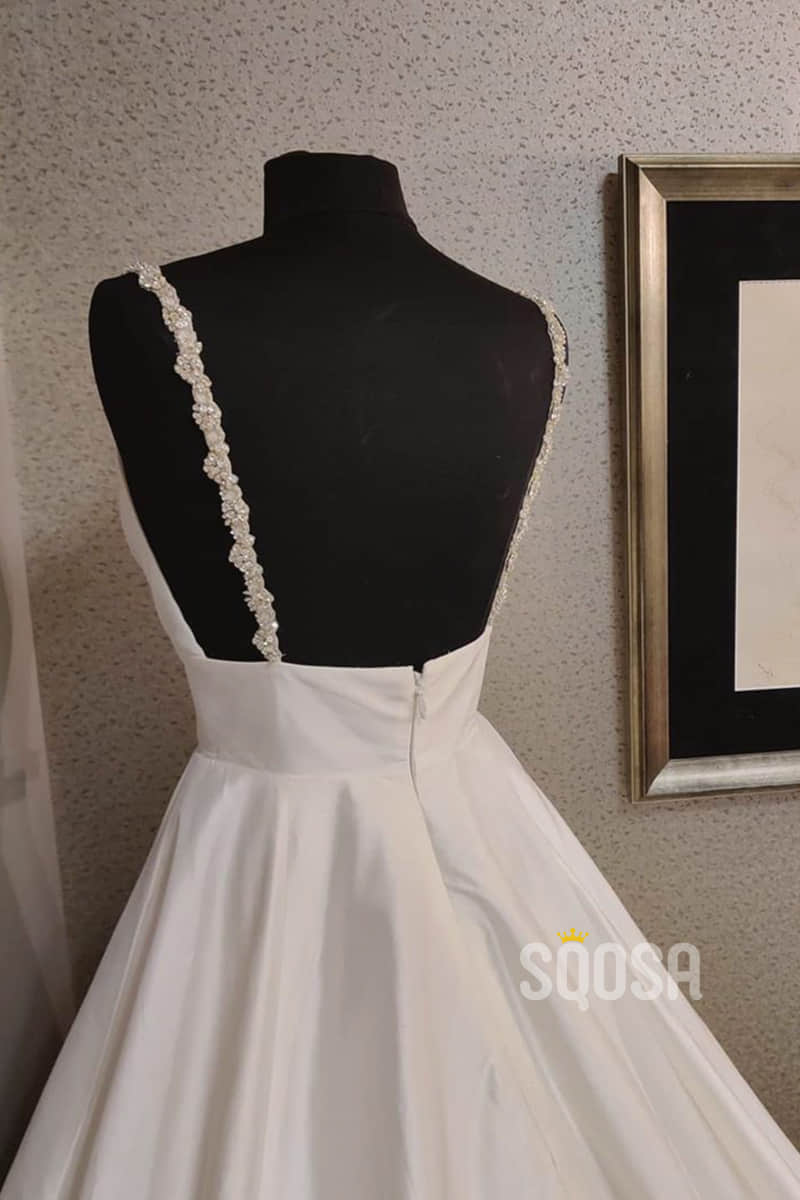 A-line V-neck Ivory Satin Beaded Straps Rustic Wedding Dress QW2181|SQOSA