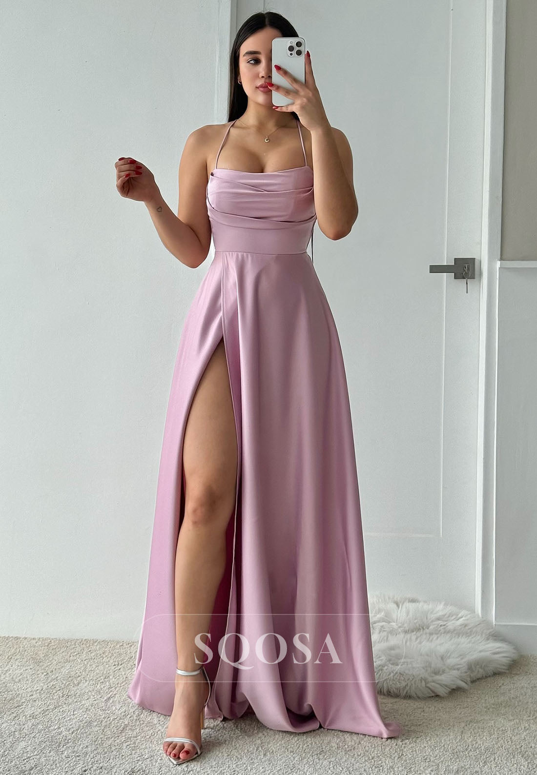 Tube Top Spaghetti Straps Satin A-Line Prom Dress Sleeveless Pleated F SQOSA Tube Top Spaghetti Straps Satin A-Line Prom Dress Sleeveless Pleated F SQOSA