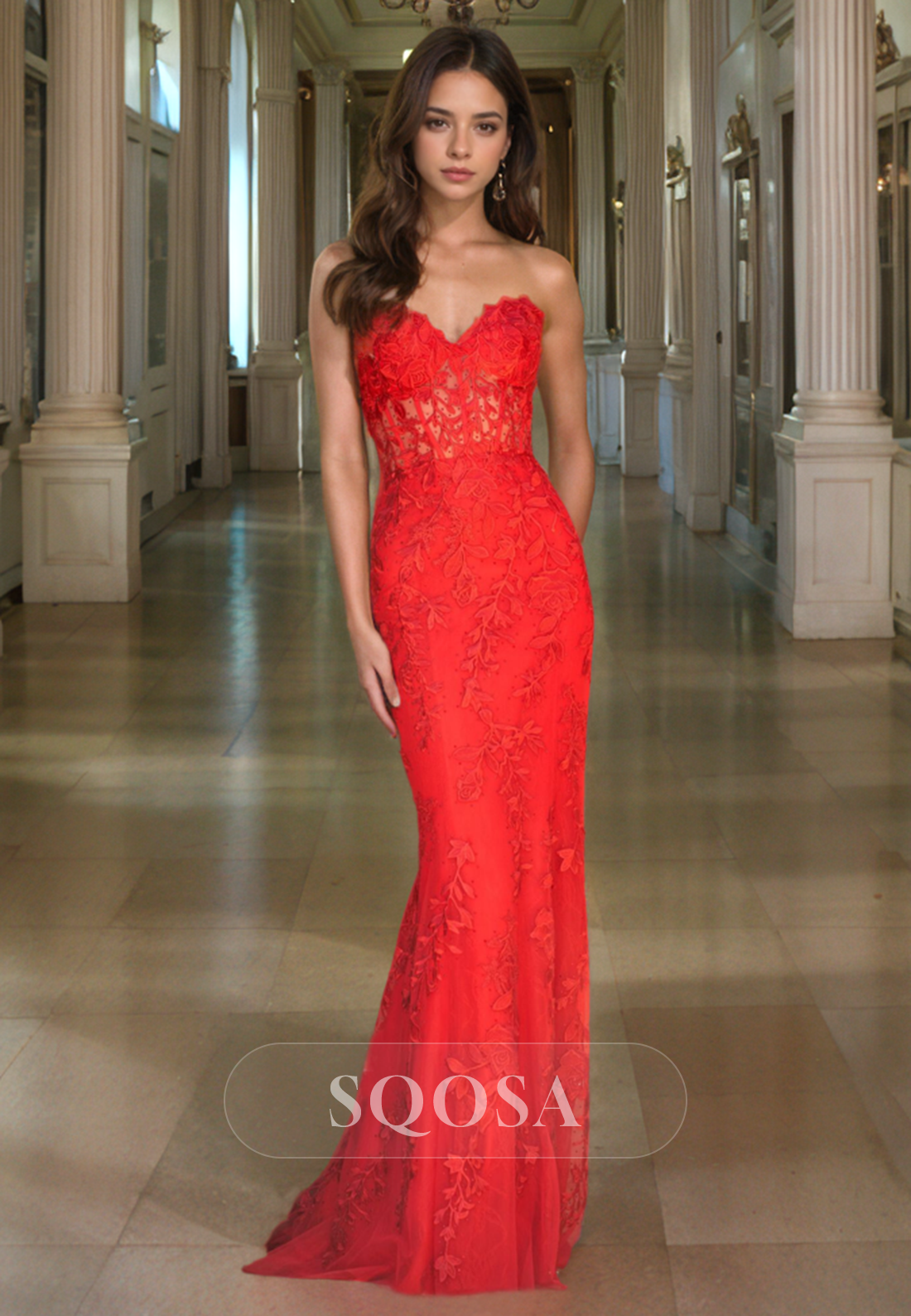 Sheath Sweetheart Lace Appliques Red Prom Dress Long Graduation Dress SQOSA Sheath Sweetheart Lace Appliques Red Prom Dress Long Graduation Dress SQOSA