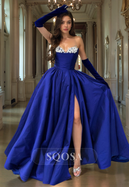 A Line Sweetheart Beads Side Slit Long Prom Dress