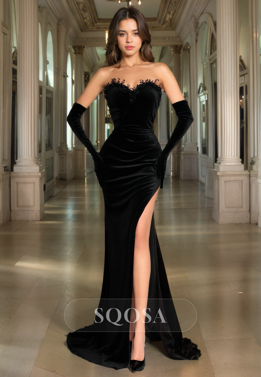 Sheath Sweetheart Beads Black Velvet Long Prom Dress with Slit Formal Gown