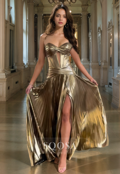 A Line Sweetheart Ruched Side Slit Gold Prom Dress