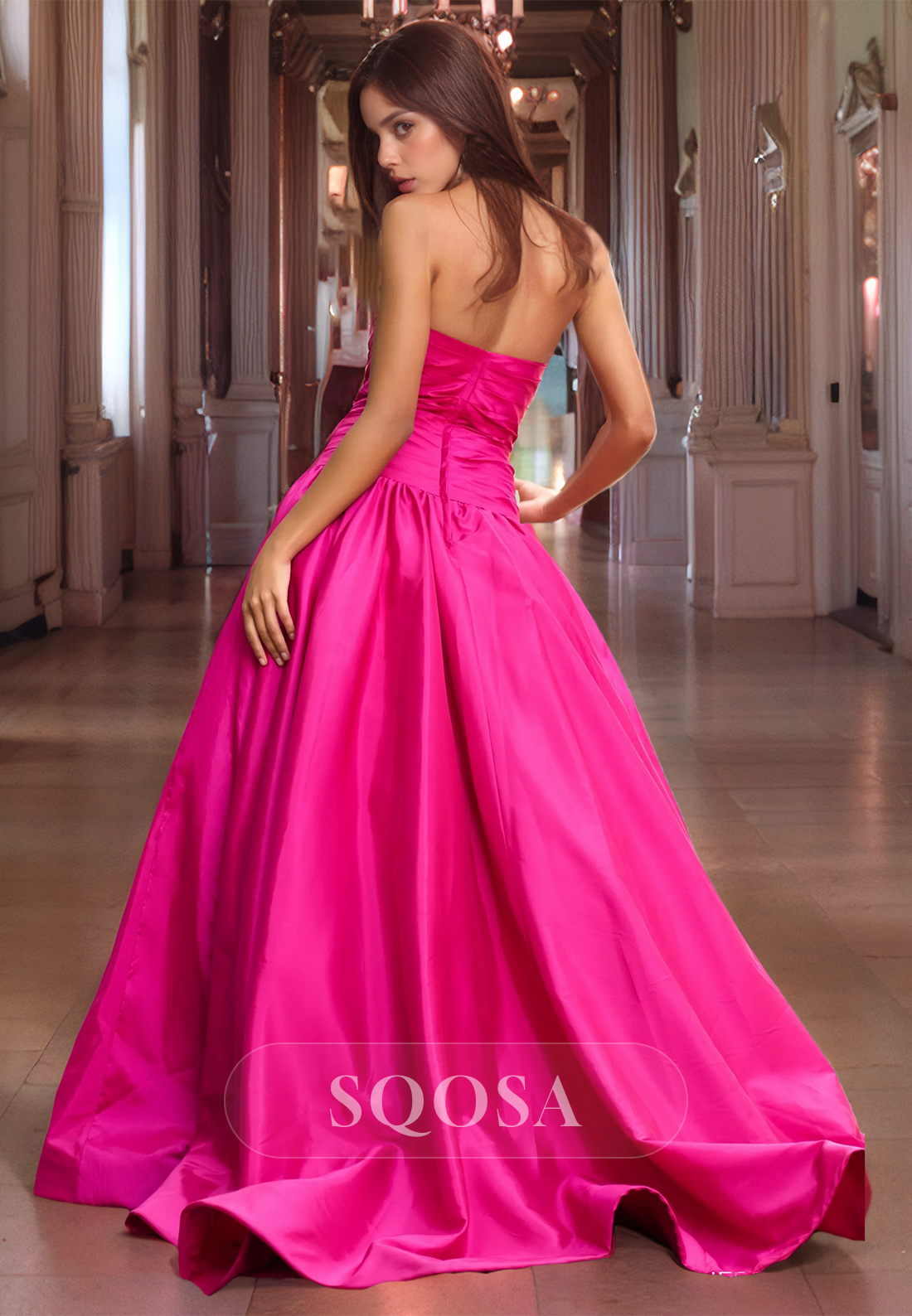 A Line Strapless Beads Satin Pleats Pink Prom Dress Floor Length Party Gown