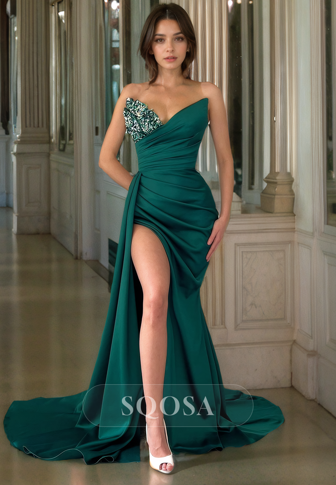 Sexy V Neck Satin Pleats Long Prom Dress with Slit Formal Evening Gown