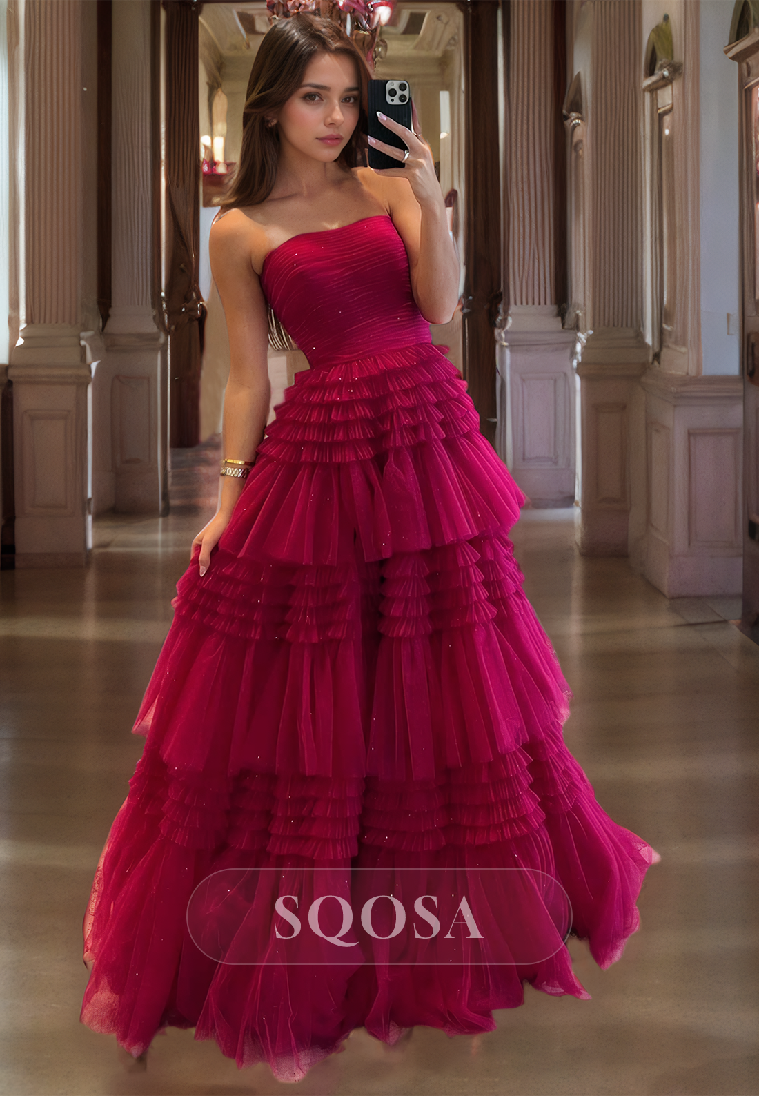 tulle tiered prom dress Leely Women Mauve Long Corset Tiered Prom Dress With Slit A Line Appliqued Tulle Formal Dress