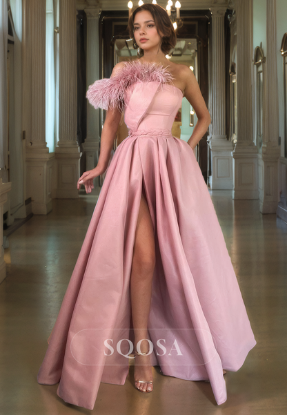 A-Line Sleeveless Sweetheart Satin Prom Dress Feathered Decoration with Slit Party Dress