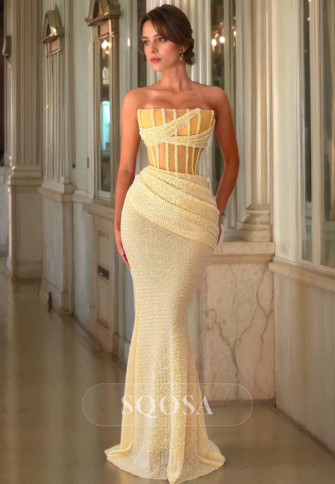 Ornate Sleeveless Tube Top Glitter-Knit Mermaid Formal Evening Prom Dress Floor Length Party Gown Gold / Custom Size Ornate Sleeveless Tube Top Glitter-Knit Mermaid Formal Evening Prom Dress Floor Length Party Gown Gold / Custom Size
