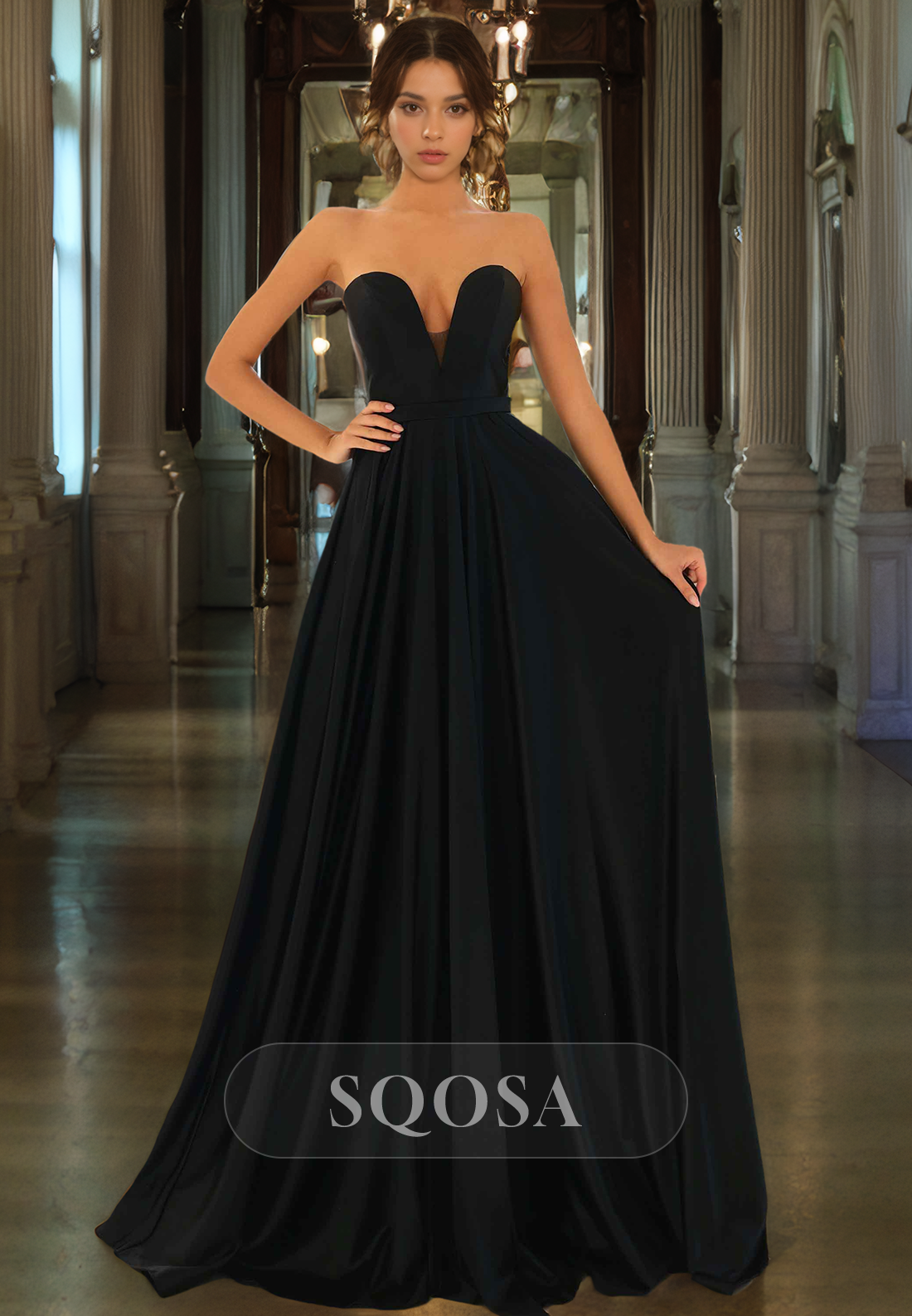 A-Line V-Neck Sleeveless Satin Floor Length Prom Dress for Formal Evening Party Black / US16 A-Line V-Neck Sleeveless Satin Floor Length Prom Dress for Formal Evening Party Black / US16