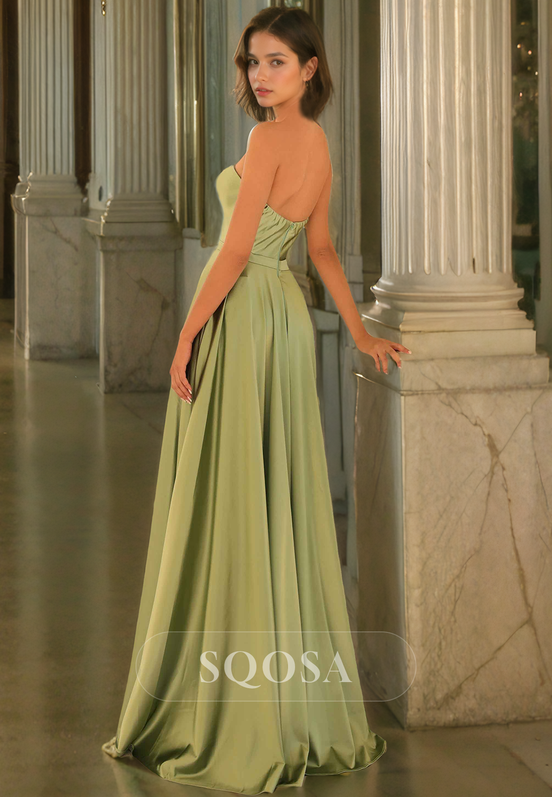 A-Line V-Neck Sleeveless Satin Floor Length Prom Dress for Formal Evening Party