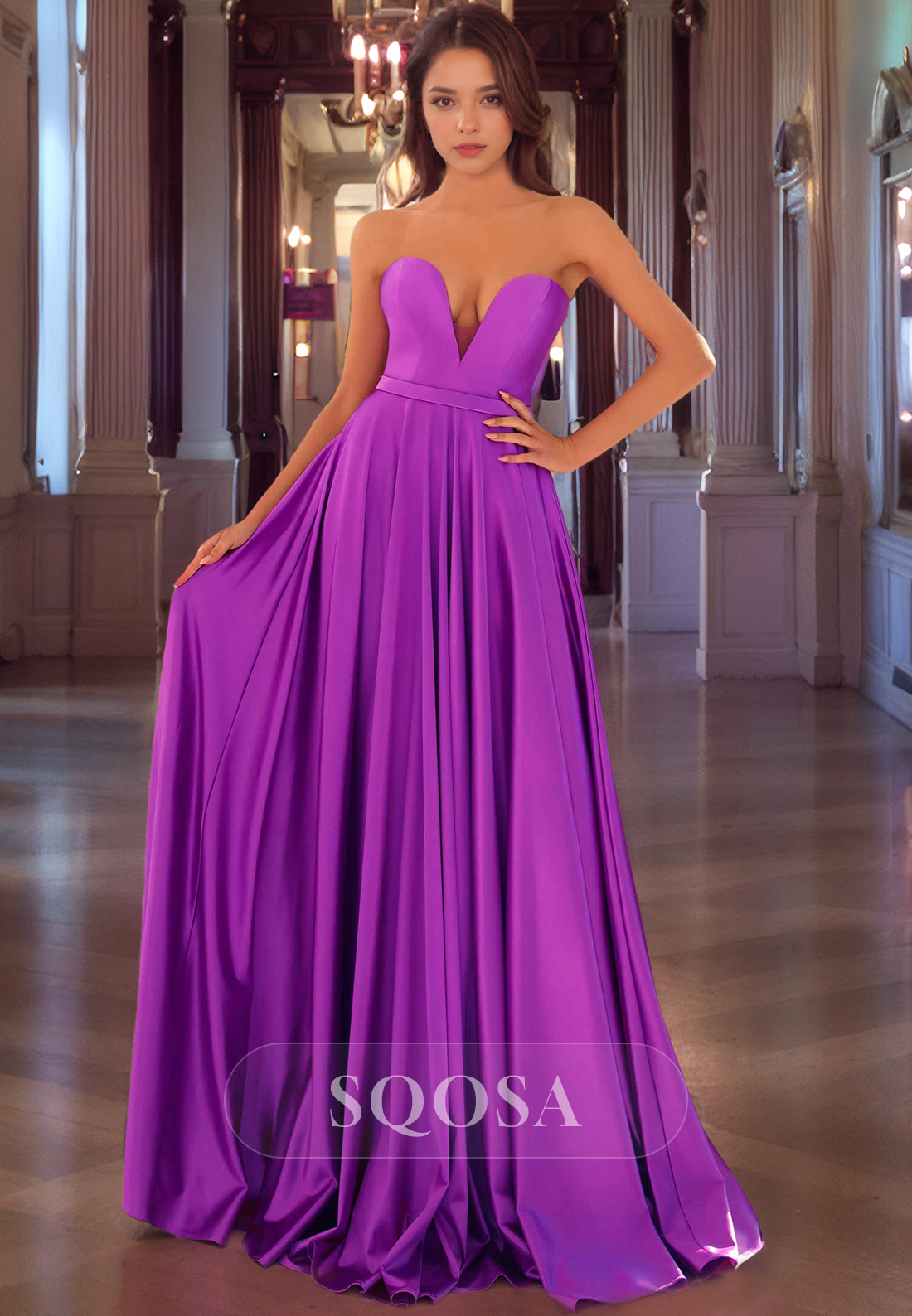 A-Line V-Neck Sleeveless Satin Floor Length Prom Dress for Formal Evening Party