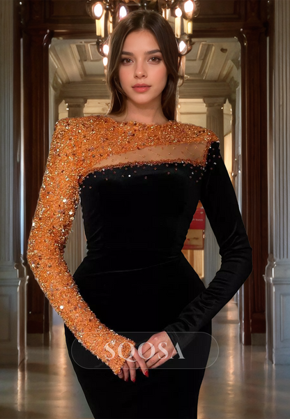 Scoop Neck Long Sleeve Mermaid Paneled Sequins with Sweep Train Prom Dress Formal Evening