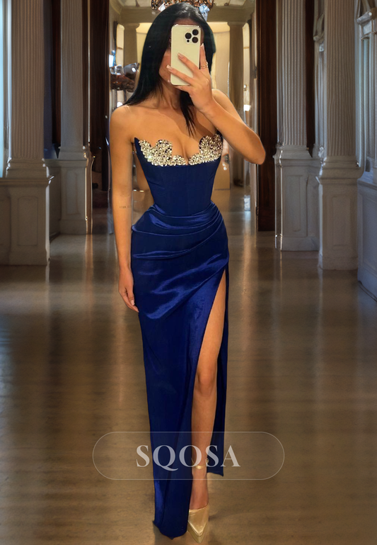 Sweetheart Sleeveless Fitted Satin with Slit Prom Dress Rhinestone Floor Length Formal Party