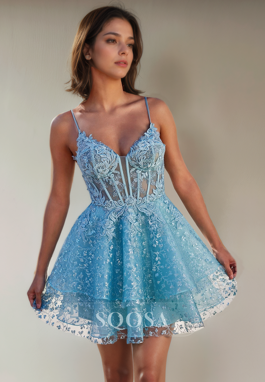 A Line Spaghetti Straps Lace Homecoming Dress Short Prom Graduation Dress