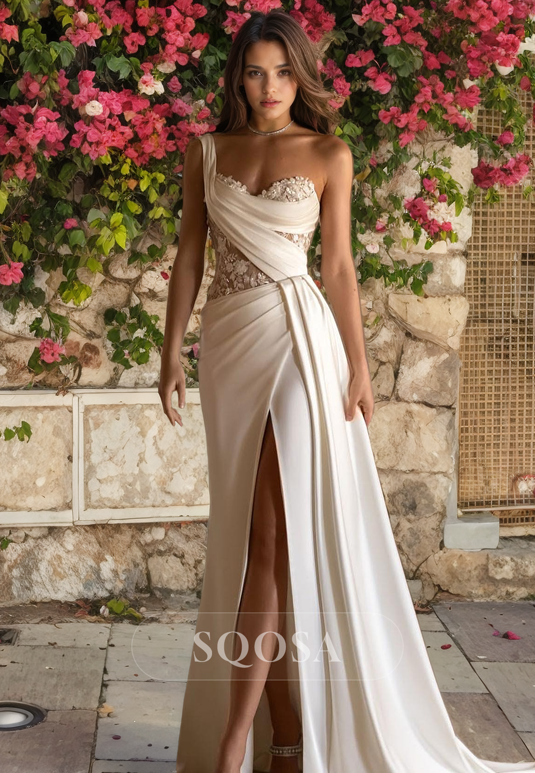 Sheath One Shoulder Lace Appliques Satin Wedding Dress with Slit