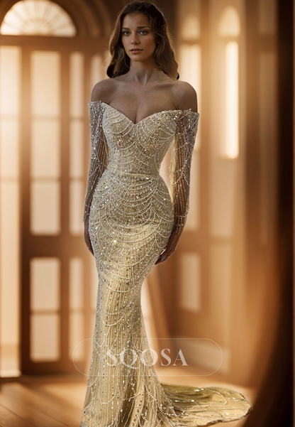 Champagne Off-Shoulder Beaded Sexy Long Sleeves Prom Dress Evening Dress US4 / Custom Color Champagne Off-Shoulder Beaded Sexy Long Sleeves Prom Dress Evening Dress US4 / Custom Color